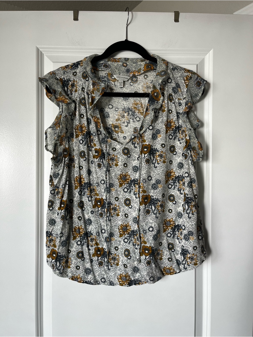 Lucky Brand White Floral Ruffle Sleeve Blouse with Mustard Accents